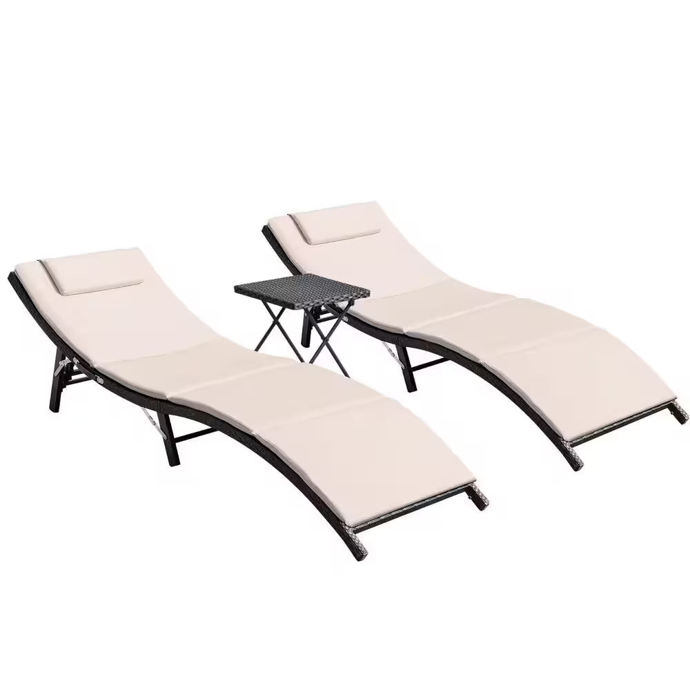 3-Pieces Steel Frame Poolside Folding Height Adjustable Wicker Outdoor Lounge Chair with Beige Cushion (Set of 2)