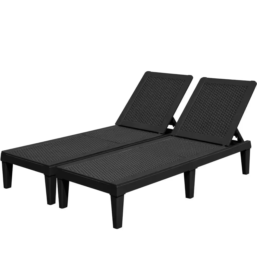 Black Resin Outdoor Chaise Lounge Set of 2 Waterproof Plastic Quick Assembly Chairs with Adjustable Back