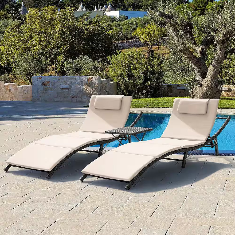 3-Pieces Steel Frame Poolside Folding Height Adjustable Wicker Outdoor Lounge Chair with Beige Cushion (Set of 2)