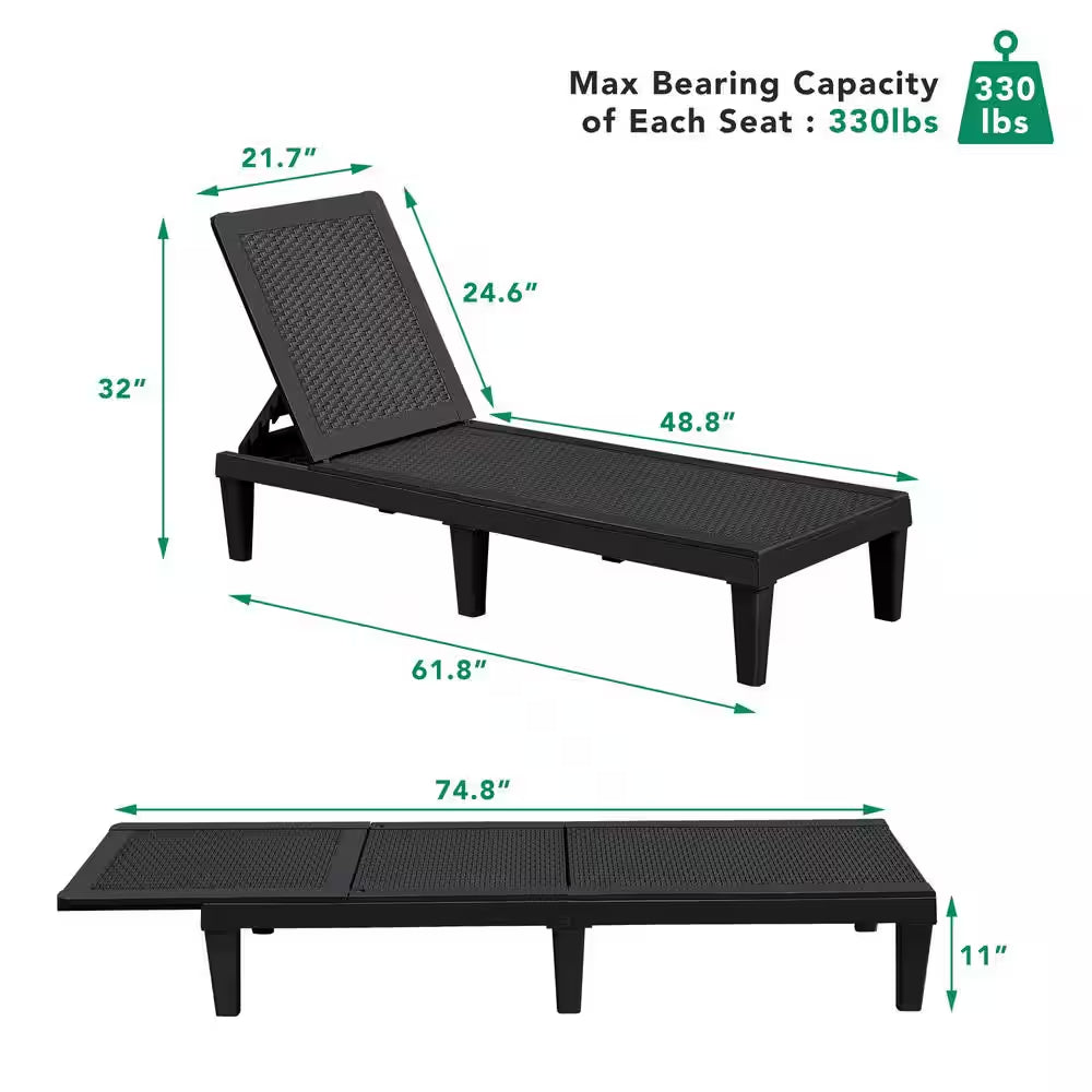 Black Resin Outdoor Chaise Lounge Set of 2 Waterproof Plastic Quick Assembly Chairs with Adjustable Back